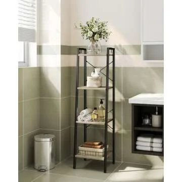 Hzuaneri Ladder Shelf, Bookshelf Bookcase, Freestanding Corner Storage Shelve with 2 Hooks for Home Office, Living Room, Kitchen, Bedroom, Industrial, 4-Tier Greige BC13205B