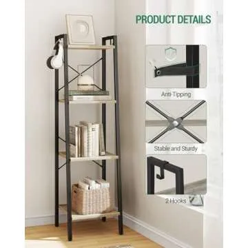 Hzuaneri Ladder Shelf, Bookshelf Bookcase, Freestanding Corner Storage Shelve with 2 Hooks for Home Office, Living Room, Kitchen, Bedroom, Industrial, 4-Tier Greige BC13205B