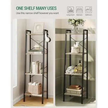 Hzuaneri Ladder Shelf, Bookshelf Bookcase, Freestanding Corner Storage Shelve with 2 Hooks for Home Office, Living Room, Kitchen, Bedroom, Industrial, 4-Tier Greige BC13205B