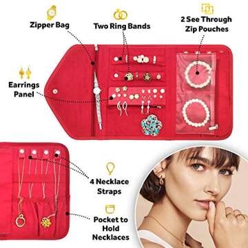 Travel Jewelry Organizer Roll Foldable Jewelry Case for Journey - Rings, Necklaces, Bracelets, Earrings (Red)