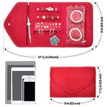 Travel Jewelry Organizer Roll Foldable Jewelry Case for Journey - Rings, Necklaces, Bracelets, Earrings (Red)
