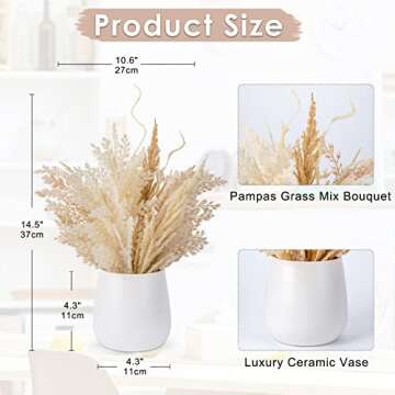 Faux Pampas Grass with Vase, Artificial Pampas Grass Flowers Bouquet Plant Fluffy Boho Home Decor Fake Pompass Pompous Grass Floral Arrangement for Wedding Party Table Room Decorations Taupe