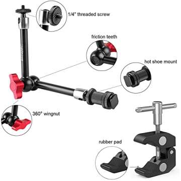 pangshi 11inch Adjustable Articulating Friction Magic Arm & Super Clamp 1/4" and 3/8" Thread Compatible with DSLR Camera Rig, LED Lights, Flash Light, LCD Monitor