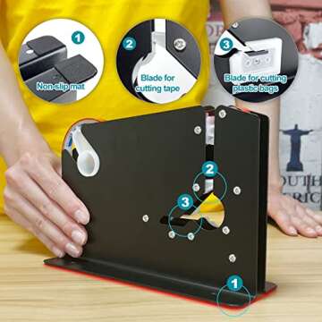 Steel Tape Bag Sealer Machine with Trimmer Blade, Heavy Duty Metal Produce Bag Sealing Taper Dispenser, Ideal for Ground Meat Packaging System