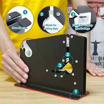 Steel Tape Bag Sealer Machine with Trimmer Blade, Heavy Duty Metal Produce Bag Sealing Taper Dispenser, Ideal for Ground Meat Packaging System