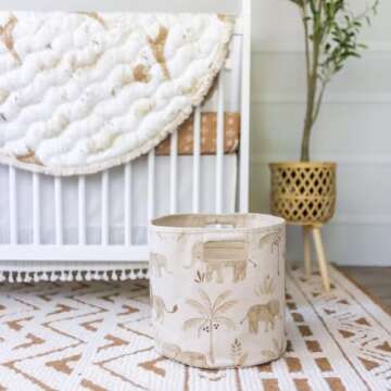 Crane Baby Fabric Round Nursery Storage Basket, Toy Storage, Safari Animal, 13"x12", Toy Basket, Baby Storage Organizer, Toy Organizers and Storage Bins, Baby Organizers and Storage, Toy Bins