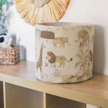 Crane Baby Fabric Round Nursery Storage Basket, Toy Storage, Safari Animal, 13"x12", Toy Basket, Baby Storage Organizer, Toy Organizers and Storage Bins, Baby Organizers and Storage, Toy Bins