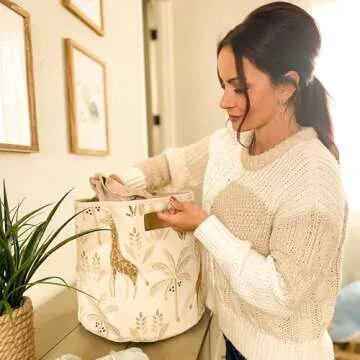 Crane Baby Fabric Round Nursery Storage Basket, Toy Storage, Safari Animal, 13"x12", Toy Basket, Baby Storage Organizer, Toy Organizers and Storage Bins, Baby Organizers and Storage, Toy Bins