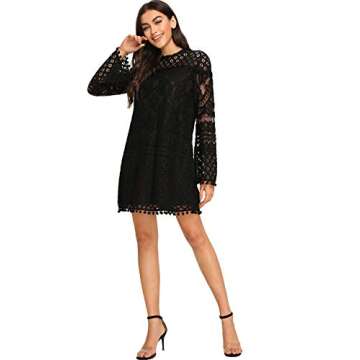 SheIn Women's Crochet Pom-Pom Sheer Lace Bell Sleeve Dress Medium Black