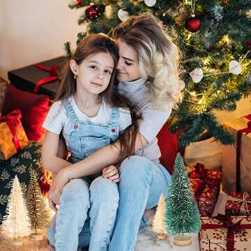 8PCS Artificial Mini Christmas Trees, Fake Bottle Brush Small Pine Snow Frosted Trees with Wood Base Tabletop Ornaments Winter Crafts for Xmas Holiday Party Home Decor