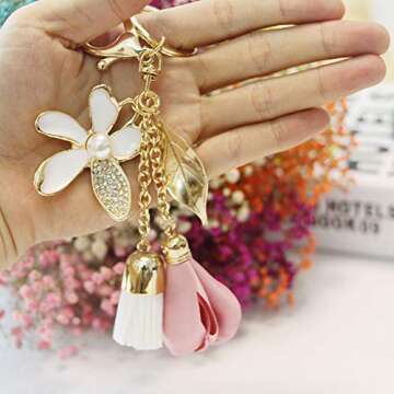 SWJEWEL Flower Keychain Rhinestone Tassel Leaf Key Ring Women Wallet Bag Pendant Charms Gold Pink