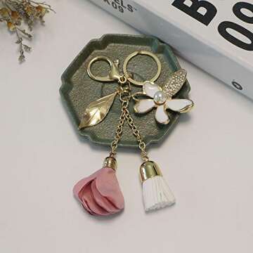 SWJEWEL Flower Keychain Rhinestone Tassel Leaf Key Ring Women Wallet Bag Pendant Charms Gold Pink