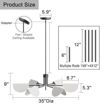 SEOL-Light 6-Light Fold White Linen Blossom Shades Chandelier with Black Metal Stems,E12,240W,35" Dia Large;