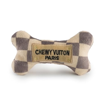 Haute Diggity Dog Checker Chewy Vuiton Bone, Plush Designer Dog Toys with Interactive Squeaker, Stim...
