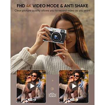 NEZINI 4K Digital Camera,Auto Focus 48MP Vlogging Camera for YouTube and Anti-Shake Video Camera with Viewfinder Flash & Dial,16X Zoom Travel Portable Digital Camera with 32GB Card,2 Batteries (Black)