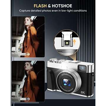 NEZINI 4K Digital Camera,Auto Focus 48MP Vlogging Camera for YouTube and Anti-Shake Video Camera with Viewfinder Flash & Dial,16X Zoom Travel Portable Digital Camera with 32GB Card,2 Batteries (Black)