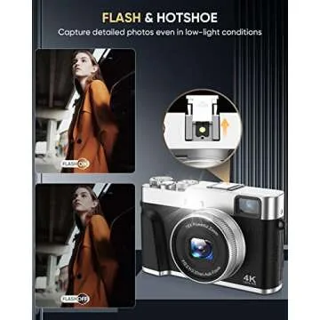 NEZINI 4K Digital Camera,Auto Focus 48MP Vlogging Camera for YouTube and Anti-Shake Video Camera with Viewfinder Flash & Dial,16X Zoom Travel Portable Digital Camera with 32GB Card,2 Batteries (Black)