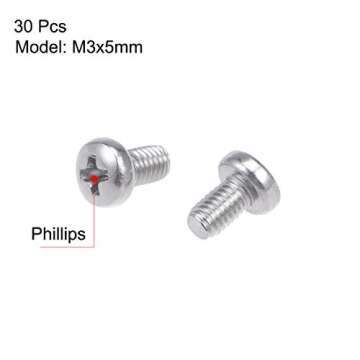 uxcell M3x5mm Machine Screws Pan Phillips Cross Head Screw 304 Stainless Steel Fasteners Bolts 30Pcs