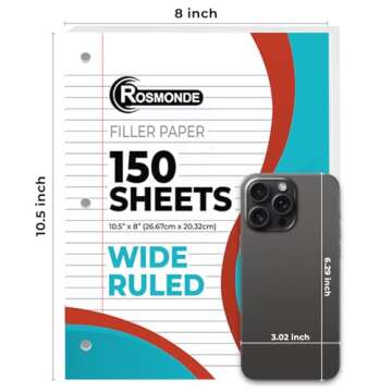 Rosmonde Loose Leaf Paper, 450 Sheets, 3 Pack, 56 gsm Wide Ruled Sheets, 8" x 10.5", Bulk Notebook Paper, 3 Hole Punched, 150 Sheets/Pack, Wide Ruled Paper for Binders, Loose Leaf Office Paper, White