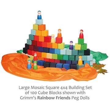 Grimm's Large Mosaic Square Building Set of 100 Wooden Cube Blocks in Storage Tray, 4x4 cm Size