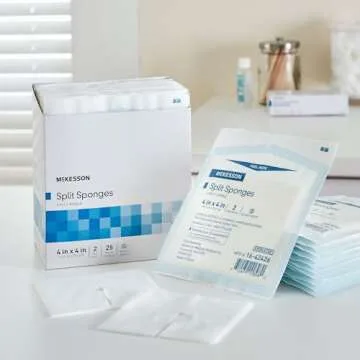 McKesson Split Sponges, 6-Ply Sterile, I.V. and Tracheostomy Dressings, Polyester/Rayon Blend, 4 in x 4 in, 25 Packs of 2, 50 Total