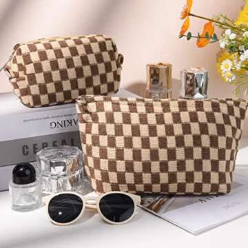 SOIDRAM 2 Pieces Makeup Bag Large Checkered Cosmetic Bag Capacity Canvas Mix Travel Toiletry Bag Organizer Cute Makeup Brushes Aesthetic Accessories Storage Bag for Women, Checkered Mix Brown