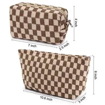 SOIDRAM 2 Pieces Makeup Bag Large Checkered Cosmetic Bag Capacity Canvas Mix Travel Toiletry Bag Organizer Cute Makeup Brushes Aesthetic Accessories Storage Bag for Women, Checkered Mix Brown