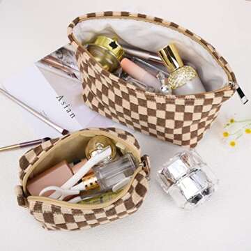 SOIDRAM 2 Pieces Makeup Bag Large Checkered Cosmetic Bag Capacity Canvas Mix Travel Toiletry Bag Organizer Cute Makeup Brushes Aesthetic Accessories Storage Bag for Women, Checkered Mix Brown