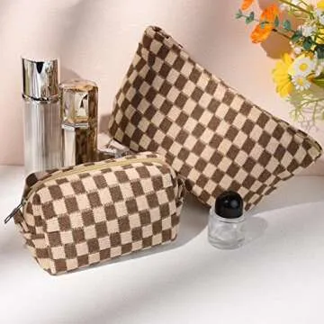 SOIDRAM 2 Pieces Makeup Bag Large Checkered Cosmetic Bag Capacity Canvas Mix Travel Toiletry Bag Organizer Cute Makeup Brushes Aesthetic Accessories Storage Bag for Women, Checkered Mix Brown
