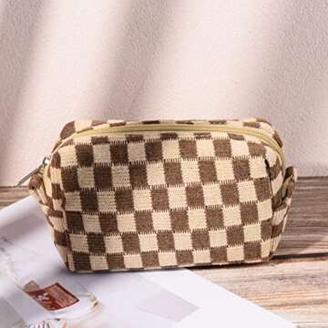 SOIDRAM 2 Pieces Makeup Bag Large Checkered Cosmetic Bag Capacity Canvas Mix Travel Toiletry Bag Organizer Cute Makeup Brushes Aesthetic Accessories Storage Bag for Women, Checkered Mix Brown