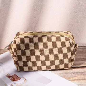 SOIDRAM 2 Pieces Makeup Bag Large Checkered Cosmetic Bag Capacity Canvas Mix Travel Toiletry Bag Organizer Cute Makeup Brushes Aesthetic Accessories Storage Bag for Women, Checkered Mix Brown