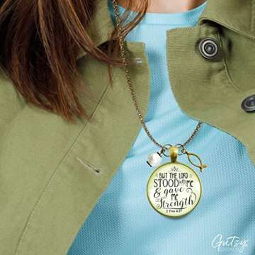 Christian Necklace But the Lord Stood By & Gave Strength Jewelry For Women of Faith, Chain 36" - Bible Word Pendant Jesus Fish Ichthys Charm, Encouragement Gift with Message of Hope Card & Box