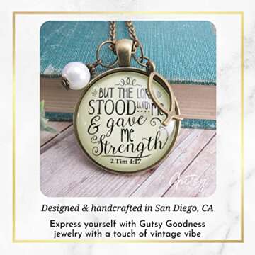 Christian Necklace But the Lord Stood By & Gave Strength Jewelry For Women of Faith, Chain 36" - Bible Word Pendant Jesus Fish Ichthys Charm, Encouragement Gift with Message of Hope Card & Box