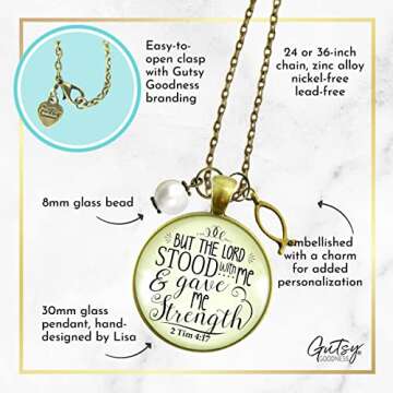 Christian Necklace But the Lord Stood By & Gave Strength Jewelry For Women of Faith, Chain 36" - Bible Word Pendant Jesus Fish Ichthys Charm, Encouragement Gift with Message of Hope Card & Box