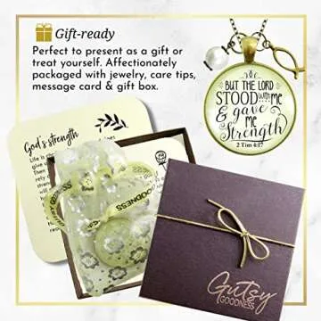Christian Necklace But the Lord Stood By & Gave Strength Jewelry For Women of Faith, Chain 36" - Bible Word Pendant Jesus Fish Ichthys Charm, Encouragement Gift with Message of Hope Card & Box