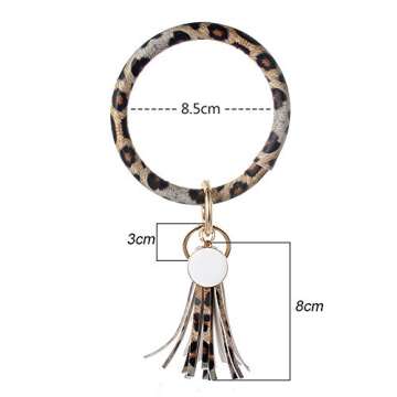 Baoqin Wristlet Key Ring Bracelet Round Ring Keychain PU Leather Tassel Bangle Bracelet Holder for Women Girls Gifts (Leopard)