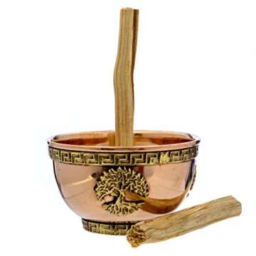 Tree of Life Smudge Kit - Copper Offering Bowl with Black Sand and Palo Santo Sticks - for Spiritual Cleansing, Meditation Accessories, Spiritual Decor, Home Fragrance