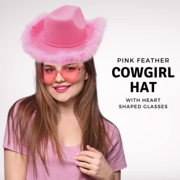 Trendy Pink Cowboy Hat and Heart Sunglasses Set for Fun