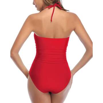 Tempt Me Women Red Sexy Cutout One Piece Swimsuits Tummy Control High Waisted Halter Front Tie Knot ...