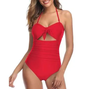 Tempt Me Women Red Sexy Cutout One Piece Swimsuits Tummy Control High Waisted Halter Front Tie Knot Bathing Suit M