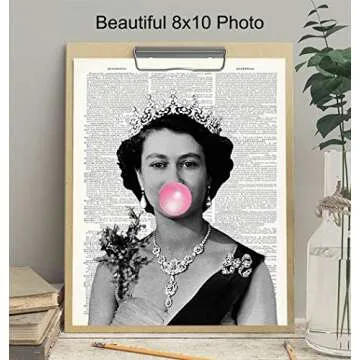 Queen Elizabeth Blowing Bubbles- Funny Wall Art Print on Dictionary Photo - Gift for English British Monarch Fans - Home Decor for Royal Enthusiasts - 8X10 Vintage Picture