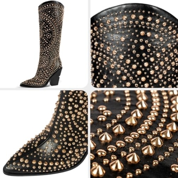 iiimmu Black Knee High Boots for Women Pointed Toe and Chunky Heel Boots for Women Luxurious Studded Boots Tall Boots with Gold Metal Rivets, Size US 7