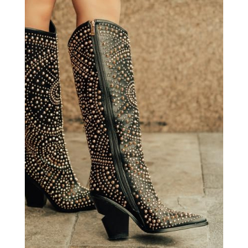 iiimmu Black Knee High Boots for Women Pointed Toe and Chunky Heel Boots for Women Luxurious Studded Boots Tall Boots with Gold Metal Rivets, Size US 7