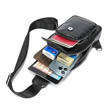 LUKZIJAES Genuine Leather Sling Bag for Men Crocodile Embossed Vintage Crossbody Shoulder Chest Pack Everyday Travel Backpack (#5-Black)