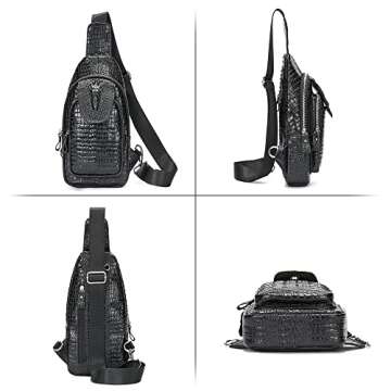 LUKZIJAES Genuine Leather Sling Bag for Men Crocodile Embossed Vintage Crossbody Shoulder Chest Pack Everyday Travel Backpack (#5-Black)