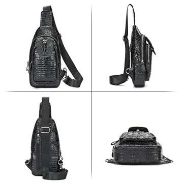LUKZIJAES Genuine Leather Sling Bag for Men Crocodile Embossed Vintage Crossbody Shoulder Chest Pack Everyday Travel Backpack (#5-Black)