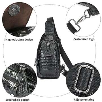 LUKZIJAES Genuine Leather Sling Bag for Men Crocodile Embossed Vintage Crossbody Shoulder Chest Pack Everyday Travel Backpack (#5-Black)