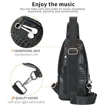 LUKZIJAES Genuine Leather Sling Bag for Men Crocodile Embossed Vintage Crossbody Shoulder Chest Pack Everyday Travel Backpack (#5-Black)