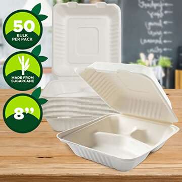 PAMI 100% Compostable Clamshell Takeout Containers - Eco-Friendly 50-Pack