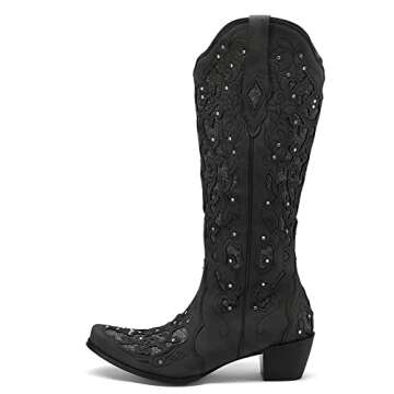 SaraIris Cowboy Boots for Women Cowgirl Western Boots Chunky Heel Pointed Toe Pull On Rhinestones Embroidered Knee High Mid Calf Boots